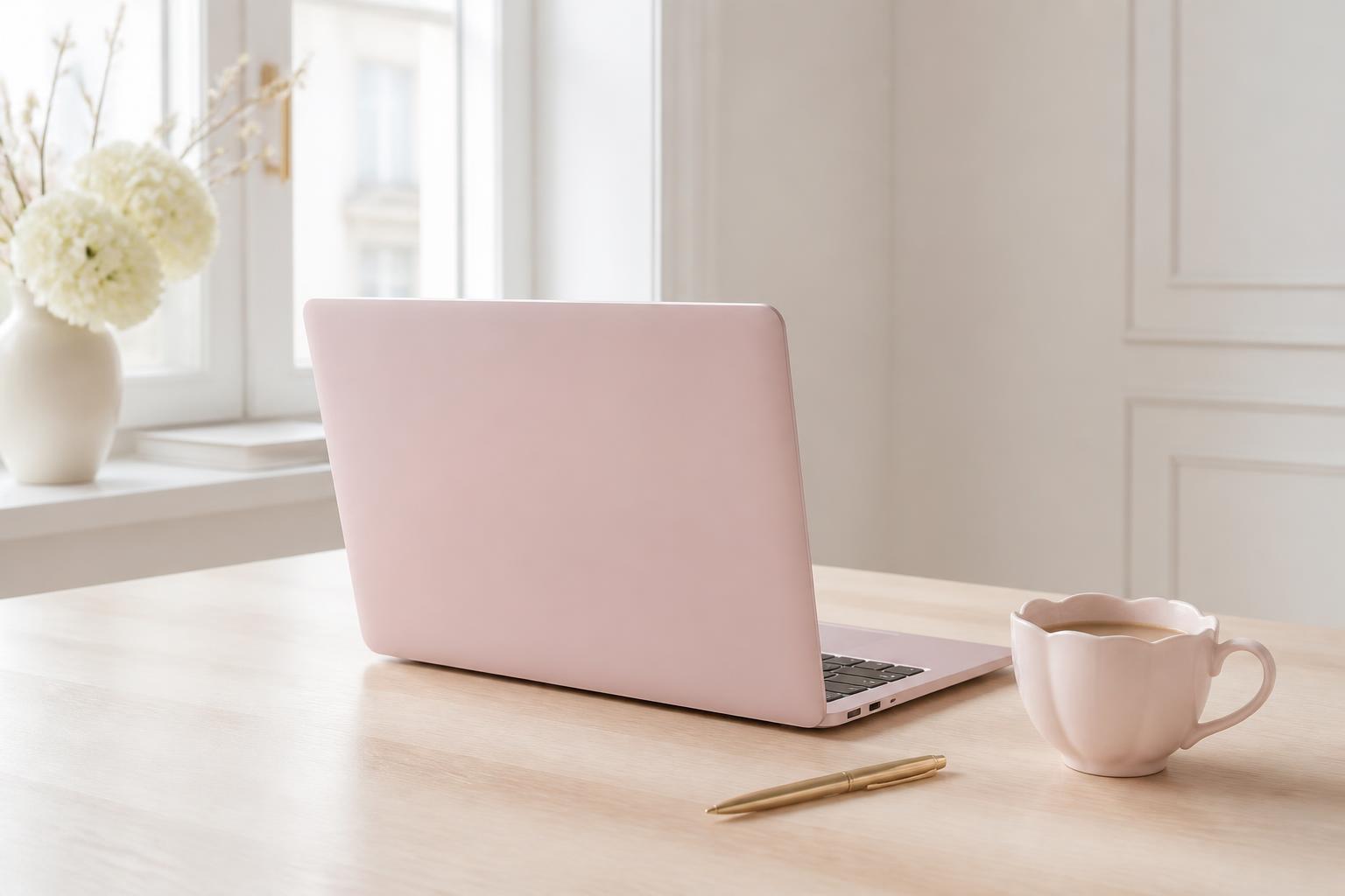 Halvány rózsaszín laptop és virág formájú kávéscsésze egy világos asztalon